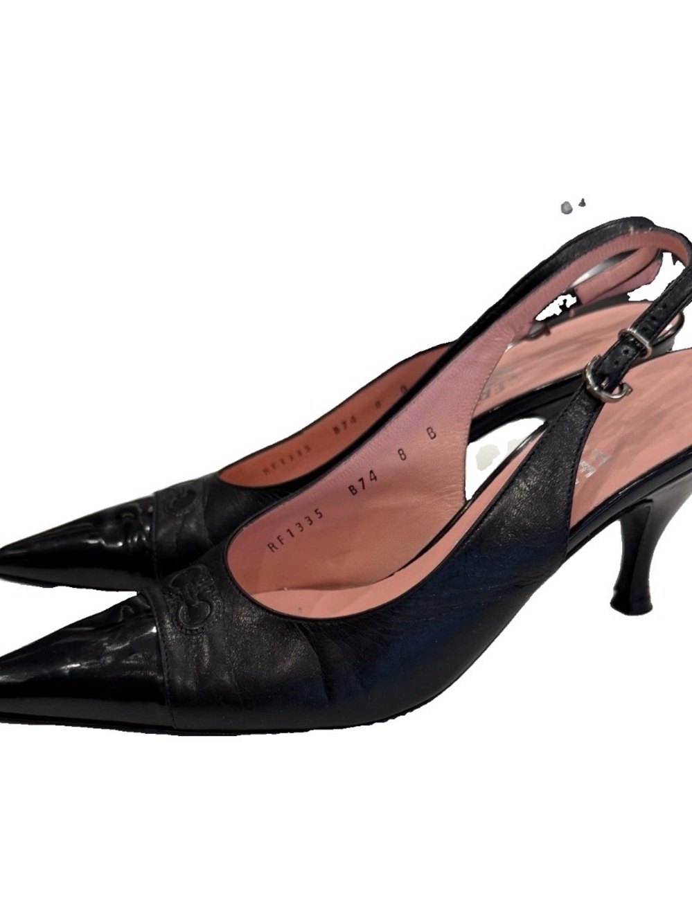 Salvatore Ferragamo Black Leather Slingback Kitten Heels Gancini Logo Sz 8B EUC